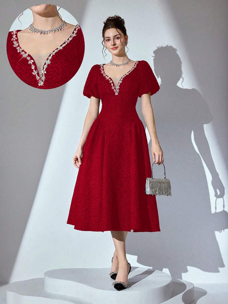 Poshira High-End Vintage Simple French Design Party Dress, Prom Dress - Burgundy - View 1