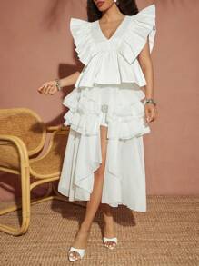 Vixey Solid Chiffon Layered Ruffle Midi Skirt With Biker Shorts, Boho, Festival, Spring, Summer, Island Vacations, Vacation - White - View 5