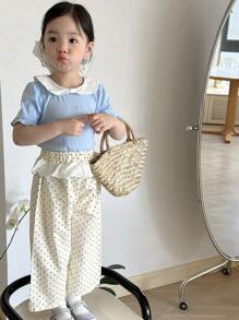 DAZY Young Girls Cute Bowknot Collar Short Sleeve T-Shirt, Summer - Blue - View 1