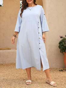 EMERY ROSE Vestido casual de talla grande para mujer con cuello redondo, botones y bajo dividido en unicolor - Azul - Ver 4