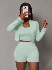 Slaydiva Women Summer 3 Pieces Set: Casual Elastic Mock Neck Zip-Up Long Sleeve T-Shirt Jacket, Sleeveless Cropped Tank Top And Athletic Shorts Island Vacation Outfits - Green - View 5