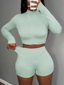 Slaydiva Women Summer 3 Pieces Set: Casual Elastic Mock Neck Zip-Up Long Sleeve T-Shirt Jacket, Sleeveless Cropped Tank Top And Athletic Shorts Island Vacation Outfits - Green - View 6