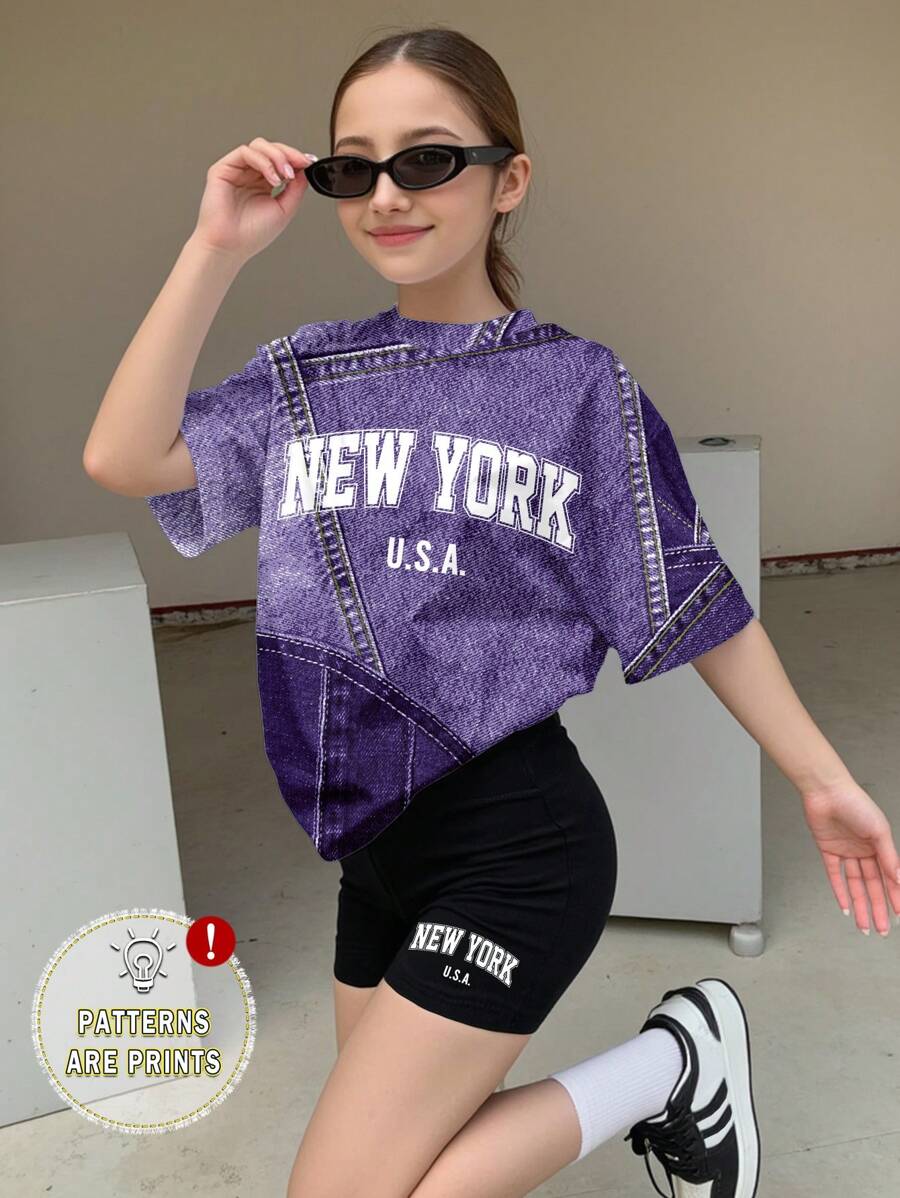 SHEIN Leap Crew 青少年女孩休闲简约短袖 T 恤和短裤两件套，适合夏季