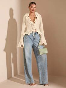 SHEIN BAE Áo khoác cardigan nhẹ cổ chữ V sâu thanh lịch dài tay viền bèo nhún đầu xuân dành cho nữ, thích hợp cho tiệc ngoài vườn, hẹn hò lãng mạn, đi chơi với bạn bè, đi chơi đầu xuân và các hoạt động tiệc tùng - Màu be - Xem 5