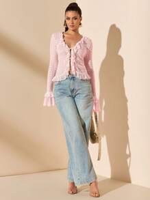 SHEIN BAE Blusa de manga larga con volantes y cordones estilo sexy y minimalista en color albaricoque, adecuada para primavera y verano, apta para el Día de San Valentín, fiestas, citas románticas, dama de honor, trabajo, cumpleaños y talla grande ocasiones