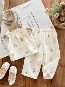 SHEIN LMoss Kids Babygirl 花卉印花荷叶边无袖上衣和松紧腰裤两件套套装，夏季度假 - 彩色 - 查看 7