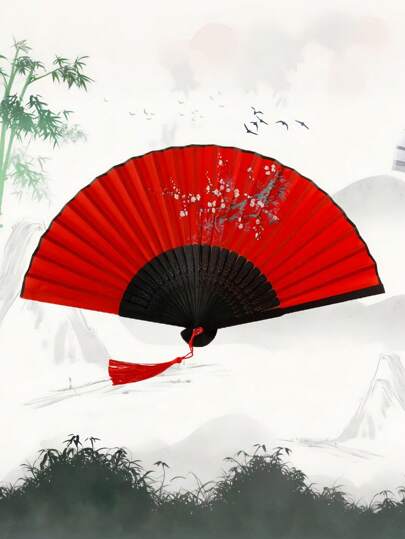 SHEIN 1pc Bamboo Folding Fan For Women, Chinese Ancient Style, Students' Gift, Single-Sided Floral Pattern, Suitable For Clothing Matching, Photo Prop, Home Decoration And Party Supplies Birthday Gifts Graduation,Mother's Day Gifts