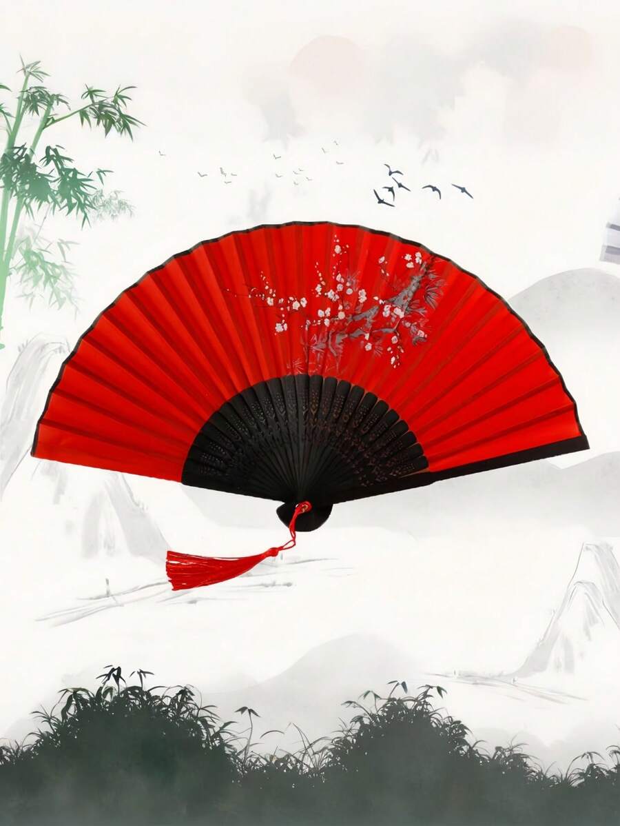 SHEIN 1 件女士竹折扇，中国古风，学生礼物，单面花卉图案，适合服装搭配、拍照道具、家居装饰和派对用品生日礼物毕业、母亲节礼物 - 彩色 - 查看 1