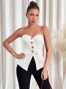 SHEIN Clasi Women's Gold Flower Button Decor Bandeau Top - White - View 5