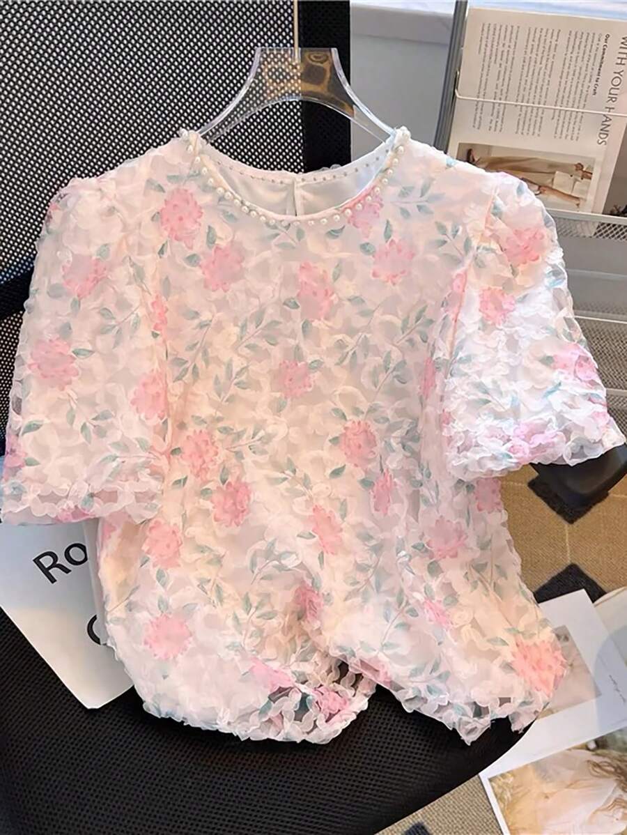 Franclia Floral Patched Pearl Collar Mature Charm Fashionable Shirt For Women, Summer - Multicolor - View 1