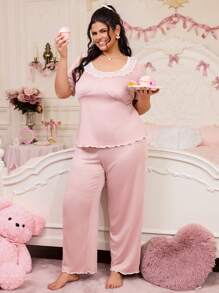SweetSlumber Conjunto de pijama de pantalón largo y manga corta con encaje para talla grande
