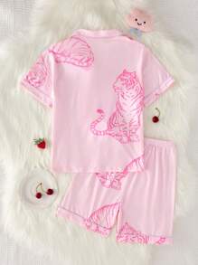 Conjunto de pijama de 2 piezas para niñas preadolescentes con cárdigan de manga corta y estampado de animales, y pantalones cortos en color rosa claro