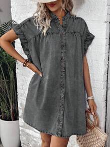 EMERY ROSE Women's Summer Casual Notched Collar Ruffle Denim Dress - Dark Grey - View 4