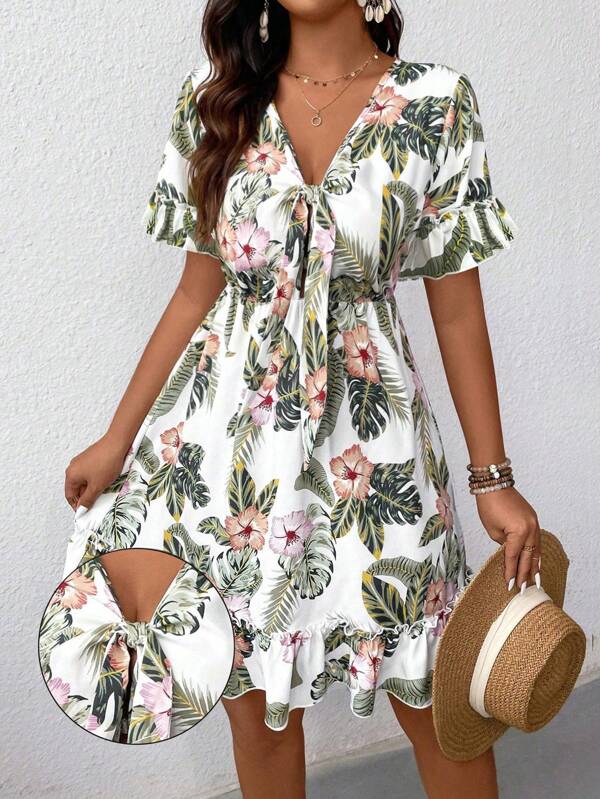SHEIN LUNE Women's Tropical Plant Print Front Knotted Short Sleeve Casual Dress, Vacation Outfit