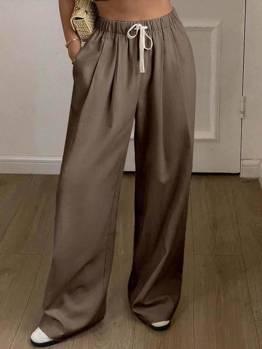 Livesso 女士宽松直筒裤，纯色抽绳腰休闲裤，夏季亚麻