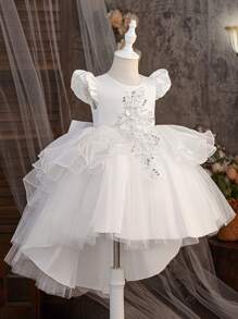 SHEIN Girl's (Small) 3D Applique Mesh Flounce Design Backside Bowknot Draped Elegant And Luxurious Banquet Dress, Suitable For Birthday Party, Runway, Wedding Ceremony - White - View 3