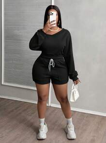 Slaydiva Plus Size V-Neck 2-In-1 Crop Shorts With Pockets, Blue Casual 2 Pieces Set - Black - View 5