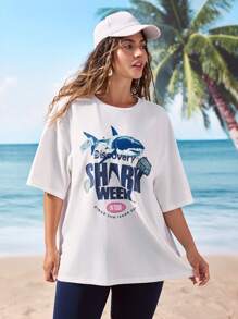 Shark Week X SHEIN Tricou cu mânecă scurtă cu decolteu rotund și cu litere, cu mânecă scurtă - alb - Vizualizare 7