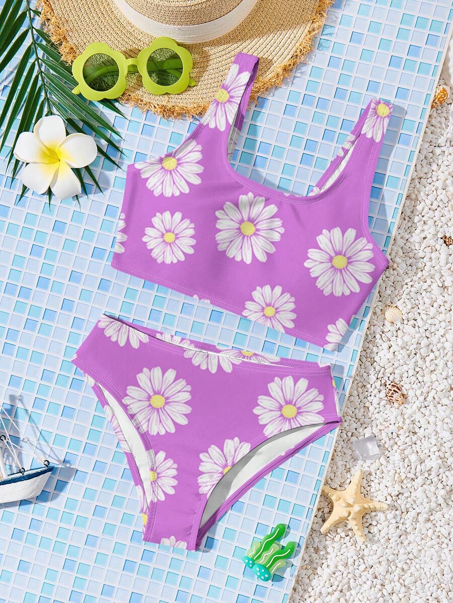 SHEIN Tween Girls' Casual Cute Daisy Print, Beach Holiday Style, Triangle Top With Strappy Back Bikini Set, Suitable For Summer - Purple - View 1