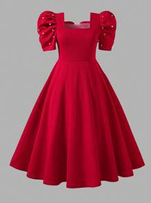 女童红色纯色短袖连衣裙，年轻女士红色串珠泡泡袖连衣裙，露背蝴蝶结设计，时尚甜美复古风格，优雅公主裙