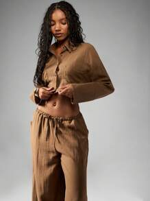 MISSGUIDED Linen Summer Resort Vacation Two Piece Set Loose Fit Crop Button Down Top Wide Leg Palazzo High Waist Pants Beach Travel Outfit