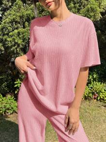 SHEIN EZwear Trang phục hai mảnh dành cho phụ nữ mặc hàng ngày - Hồng - Xem 5