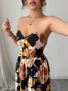 Elenzga 万圣节数码印花紧身胸衣腰部 A 字褶皱度假优雅浪漫女士休闲连衣裙 - 彩色 - 查看 6