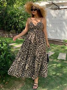 Dazy Plus Vestido largo de tirantes estilo A con estampado de leopardo, para talla grande, estilo de vacaciones, atuendo de crucero de verano para mujeres - Caqui - Ver 4