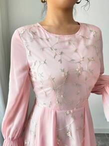 Modelyn Mesh Embroidered Patchwork Chiffon Flare Sleeve Dress For Women Fall Cloth For Women - Pink - View 3