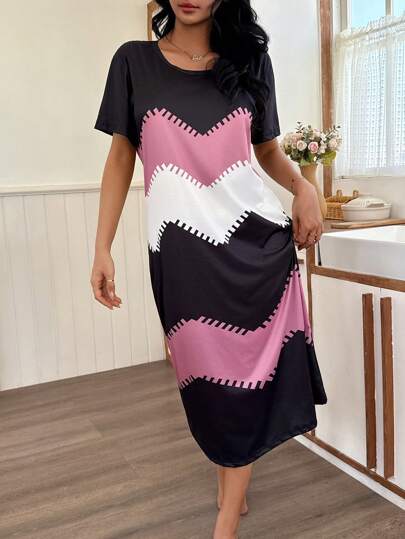 Digital Wave Print Short Sleeve Nightgown, Moo view 3