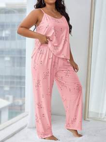 Plus Size Pajama Set, Solid Color Camisole And Pants, Fashionable For Summer - Coral Pink - View 5