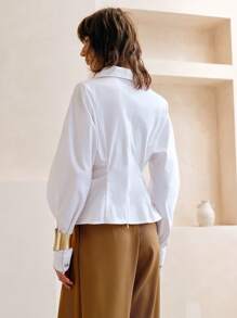 EMERY ROSE Women's Cotton Shirt Solid Color Waist Long Sleeve Blouse, Fashionable For Summer, Solid Color Cinching Waist Button Down Collared Long Sleeve Shirt, Casual Solid Color Drop Shoulder Loose Blouse,Draping Blouse,Lantern Sleeve Cotton Shirt,Summer Tops,Long Sleeve Top,Festival,Country Concert,Bohemia,Boho - White - View 8