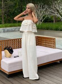 Livesso Women's Vacation Ruffled Camisole & Wide Leg High Waist Pants Set - Beige - View 3