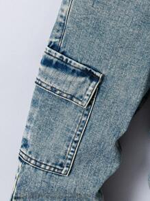 Genkimix Kids Young Boy Casual Contrast Stitching Relaxed Straight Leg Cargo Jeans, School, Campus, College Chic Outfits For Autumn/Winter - Light Wash - View 5