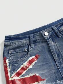 ROMWE Grunge Punk Independence Day Festival, Vintage Y2K Style Union Jack Print Ultra Low Waist Denim Shorts For Women - Blue - View 4