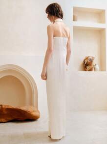 SHEIN LUNE Đầm Maxi Sexy Dây Đeo Spaghetti Màu Trơn Viền Xếp Ly Viền Xếp Nếp Cho Nữ, Thích Hợp Cho Tiệc/Hẹn Hò, Mùa Xuân/Hè - Màu be - Xem 4