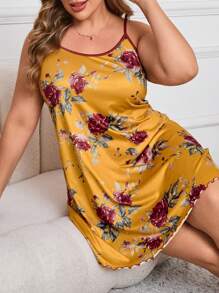 大码女式花卉印花宽松吊带睡衣 - 黃色 - 查看 1
