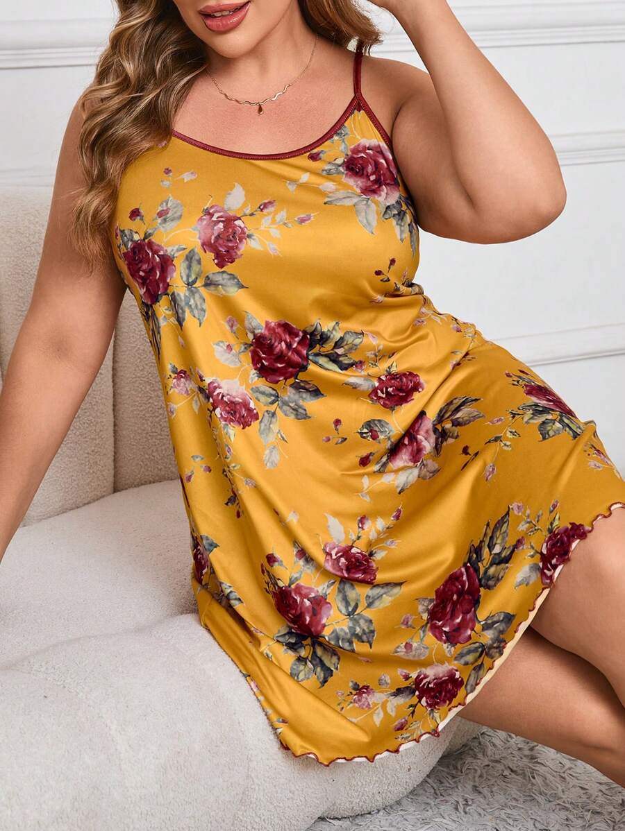 大码女式花卉印花宽松吊带睡衣 - 黃色 - 查看 1