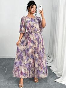 Reflora 大码女式夏季优雅褶皱雪纺连衣裙，飘逸长款漂亮连衣裙，女士优雅连衣裙，女士春季连衣裙，女士连衣裙，大码女式春季连衣裙，粉色连衣裙，女士长裙，花裙，女士紫色连衣裙，飘逸连衣裙，女士连衣裙，优雅礼服，女士夏季服装，工作夏装 - 紫色 - 查看 6