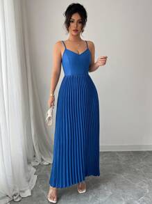Chiquease Fashionable And Elegant Casual Pleated V-Neck Sleeveless Dress - Blue - View 6