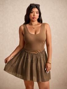 Elaquor Plus Size Women Casual Frill Trim Round Neck Sleeveless Dress - Coffee Brown - View 7