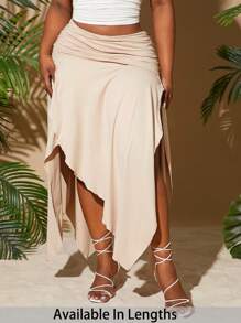 SHEIN PETITE CURVE Falda asimétrica gris caqui de talla grande para mujer, de unicolor, con cintura fruncida y abertura alta sexy, adecuada para vacaciones en la playa, citas, cumpleaños, despedida de soltera, estilo lindo y casual, para ir de compras, salir, fácil de combinar y que hace que la figura luzca estilizada.