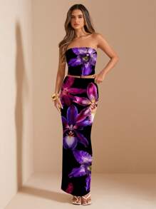 SHEIN BAE 2pcs/Set Women Floral Print Tube Top And Mini Skirt Elegant Outfit - Black - View 6