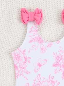 SHEIN Girls' One Piece Swimsuit, Random Floral Print With Ruffle Trim - Multicolor - View 3