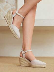 Styleloop Women's Simple Canvas Shoes With Ankle Strap, Elastic Band, Zipper Closure, Round Toe With Metal Hollow Buckle, Woven Platform Wedge Sandals For Vacation - Apricot - View 9