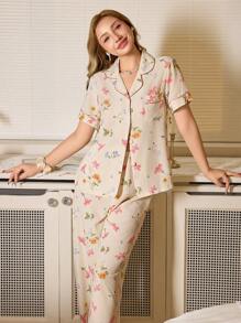 CottageSlumber 花卉印花翻领短袖长裤睡衣套装，适合夏季假日季女士穿着，丰富的花卉图案，舒适优雅的细节 - 彩色 - 查看 4