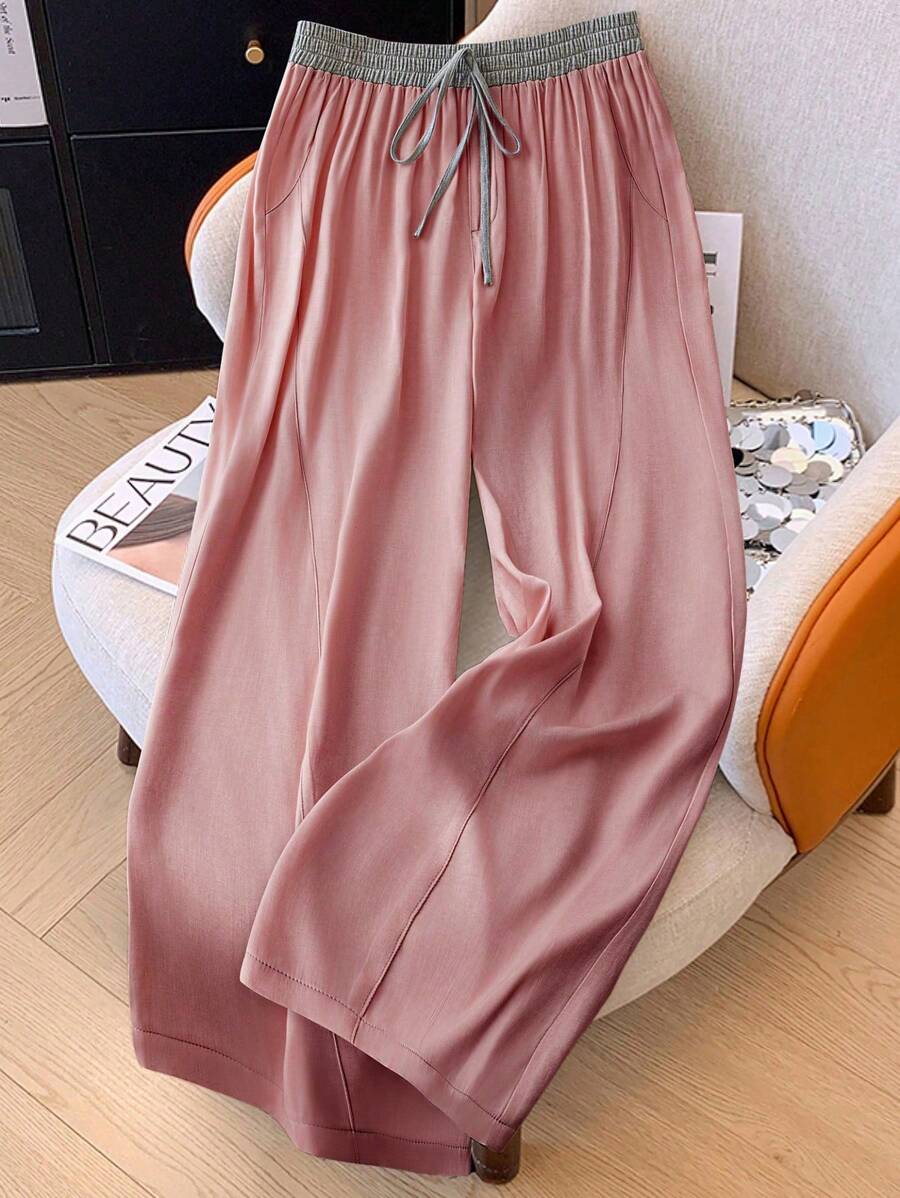 Calvaya Plus Size Women Elastic Waist Casual Straight Leg Pants, Versatile New Arrivals - Dusty Pink - View 1