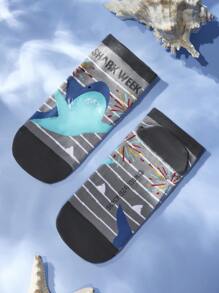 Shark Week X SHEIN 3 pares de calcetines casuales de tobillo suaves, transpirables y que absorben la humedad con patrón a rayas de tiburón, grises y azules, cortos y fashion, con refuerzo en la punta y el talón para mayor durabilidad, unisex para hombres y mujeres, para todo el año