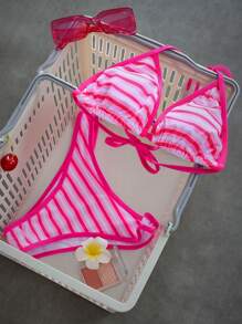 Swim Mod Women Stripe Print Halter Knotted Tankini Bikini Set Set For Summer Beach Vacation - Pink - View 3