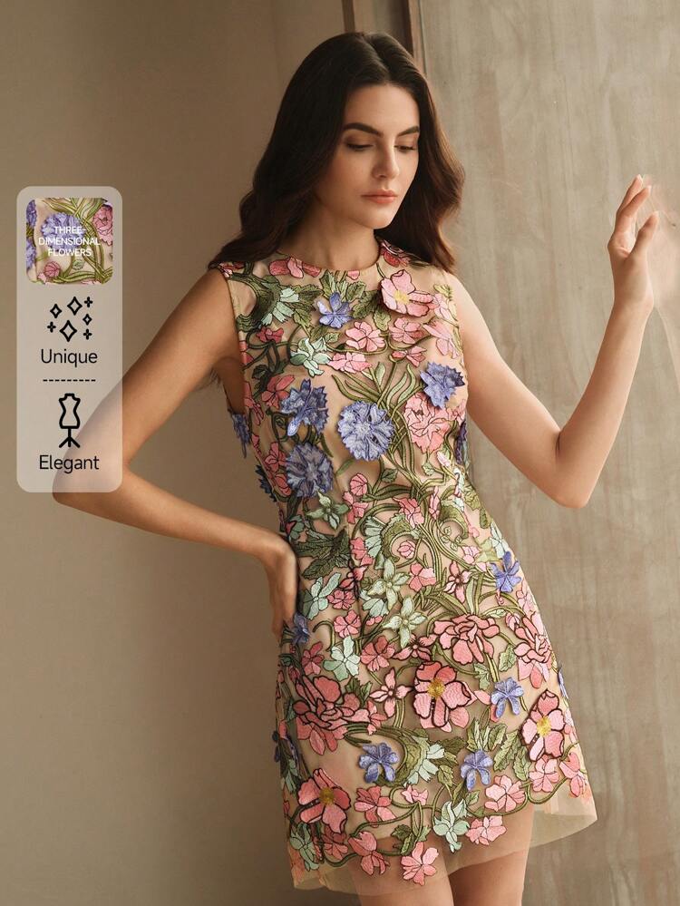 Robe courte évasée femme à fleurs brodées, robe élégante décontractée pour les vacances, les festivals, le printemps/été